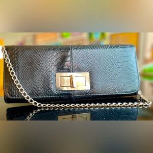 Lulu Townsend Black Snakeskin Convertible Clutch with Silver clasp and chain VTG